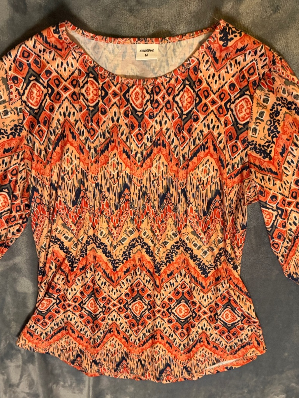 Xieerduo Women's Medium Orange Navy Boho Print 3/4 Sleeve Top